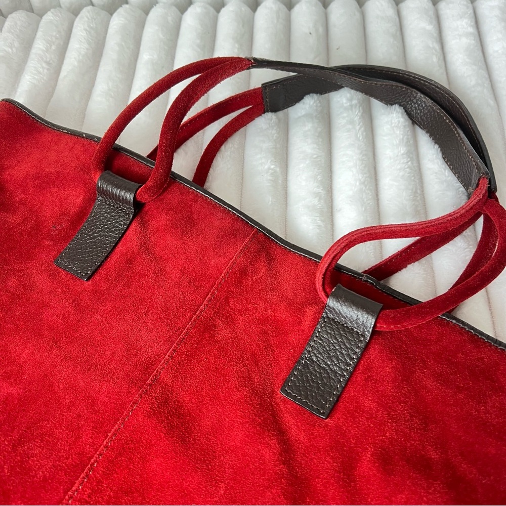 Claudia Firenze Suede Handbag Burnt Red Dark Pebbled Leather Trim Made in Italy - Picture 2 of 15